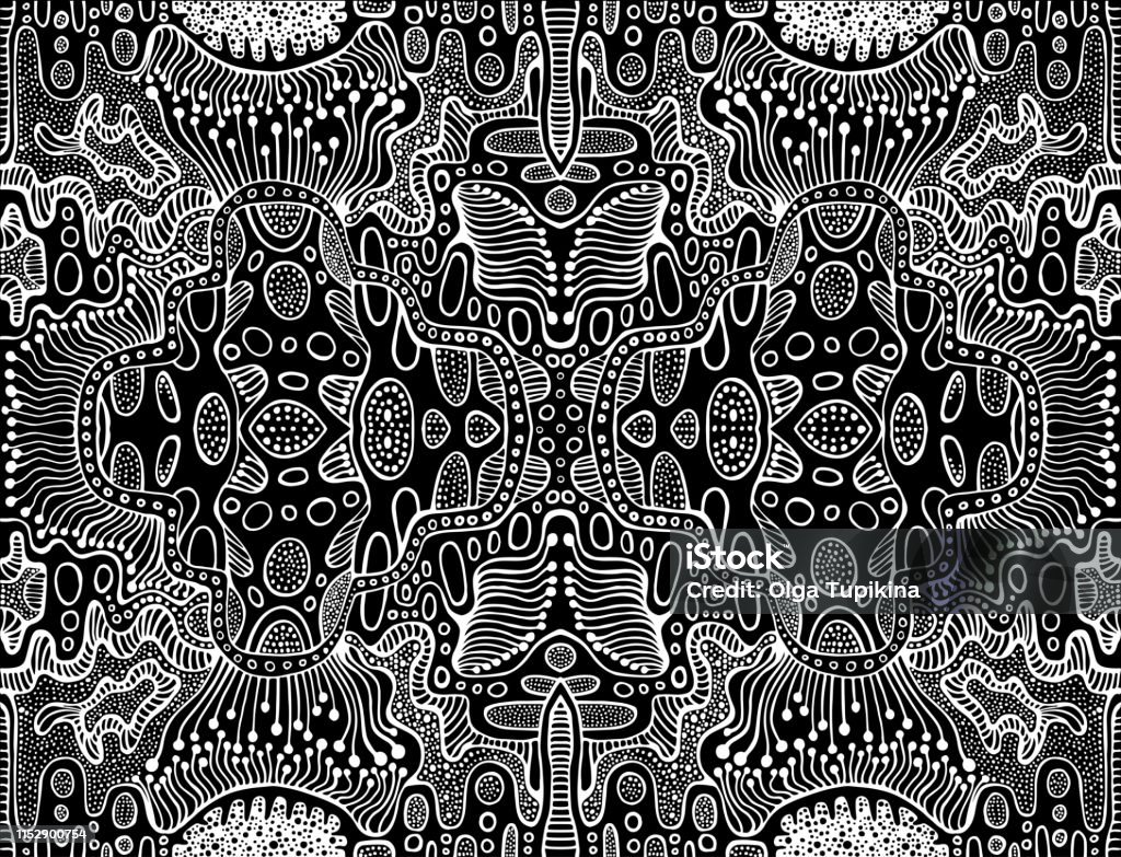 Coloring page abstract pattern, maze of ornaments. Psychedelic stylish card. Vector illustration monochrome shamanic tribal background.White lines on a black background symmetrical decorative element. Abstract stock vector