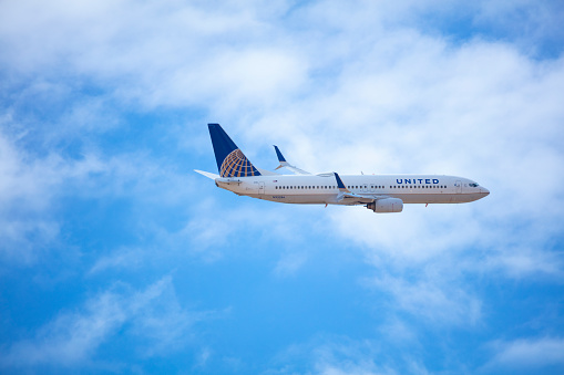 Denver, Colorado, USA - October 4th 2016: A United Airlines 737 departs Denver International Airport.