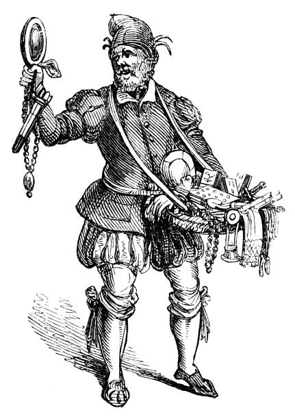 ilustrações de stock, clip art, desenhos animados e ícones de peddler selling his wares - 17th century - 17th century style