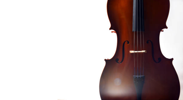 violoncello in luce drammatica con spazio vuoto - violin equipment classical instrument light and shadow foto e immagini stock