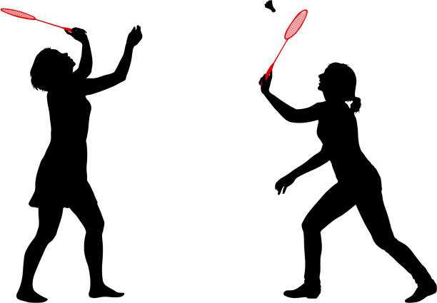 ilustrações de stock, clip art, desenhos animados e ícones de black set silhouette of female badminton player on white background - teamsport