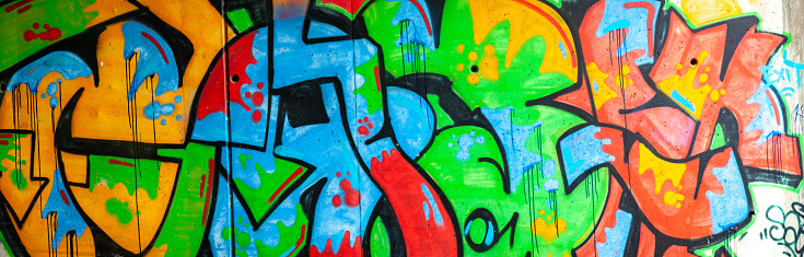 Part of a bright multi-colored wall graffiti. Youth art culture.