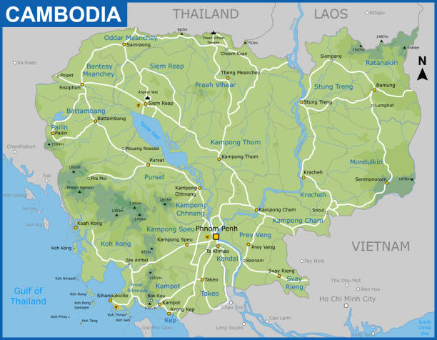 Cambodia Map detailed map of Cambodia with road network and cities khmer stock illustrations