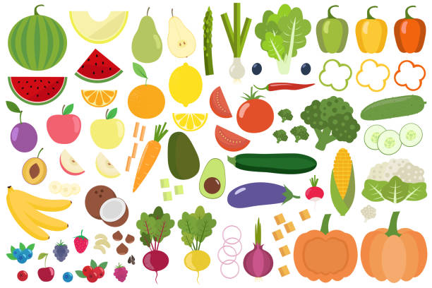 zestaw świeżych zdrowych warzyw, owoców i jagód wyizolowanych. plastry owoców i warzyw. - onion vegetable leaf spice stock illustrations