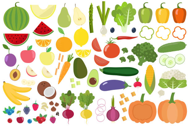 ilustrações de stock, clip art, desenhos animados e ícones de set of fresh healthy vegetables, fruits and berries isolated. slices of fruits and vegetables. - onion vegetable leaf spice