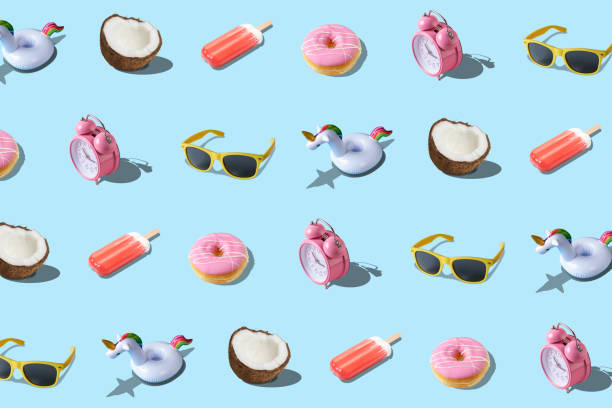 istock Creative summer pattern made with various summer food and summer accessories on bright blue background. Minimal summer concept. 1152910336