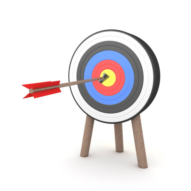 istock 3D Rendering of arrow hitting the middle of a target 1152910753