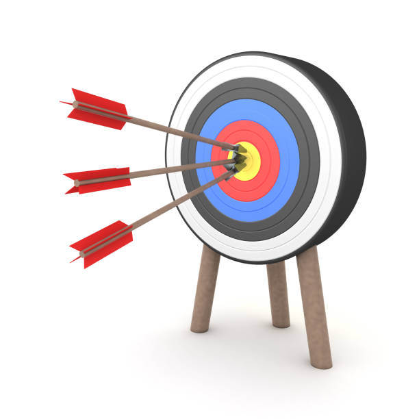 istock 3D Rendering of three arrows hitting the middle of a target 1152910758