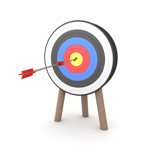 istock 3D Rendering of two arrows hitting the middle of a target 1152910770
