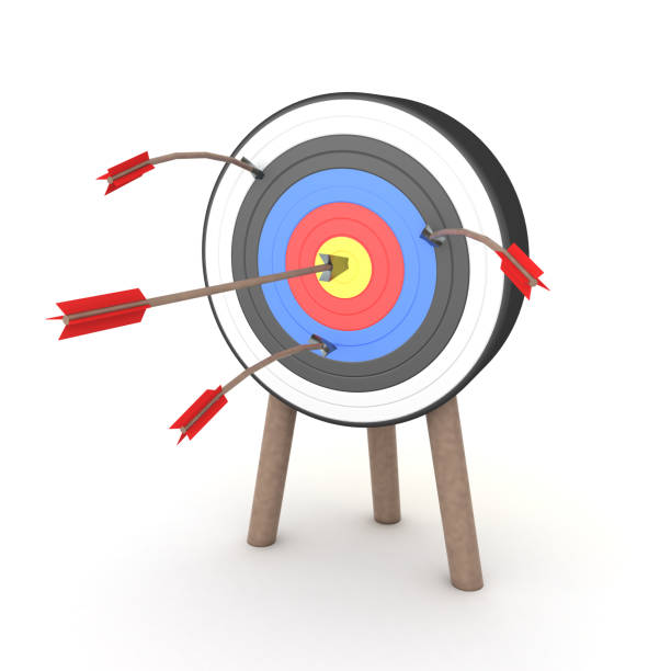 istock 3D Rendering of many arrows stuck on target but only one hits the middle 1152910819