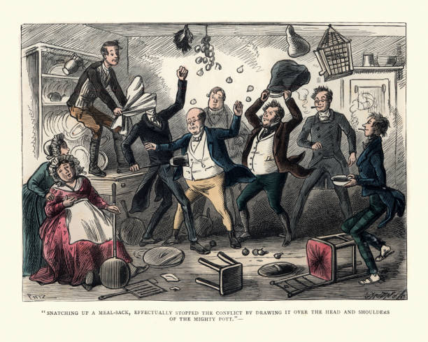 Dickens, Pickwick Papers, Snatching up a meal-sack Vintage engraving of a scene from Charles Dickens the Posthumous Papers of the Pickwick Club. Snatching up a meal-sack, effectually stopped the conflict by drawing it over the head and shoulders of the mighty Potter by Phiz (Hablot K. Browne). charles dickens stock illustrations