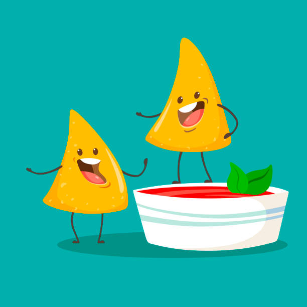 Funny chips Nachos character with  a cup of tomato salsa. Vector illustration Funny chips Nachos character with  a cup of tomato salsa. Vector illustration nacho chip stock illustrations