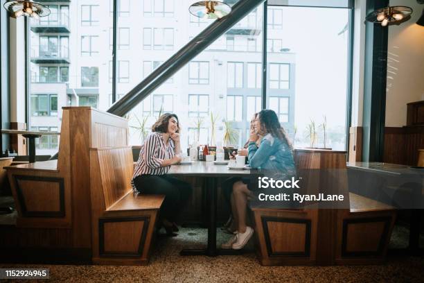 Group Of Latina Friends Out For Brunch Stock Photo - Download Image Now - Restaurant, Friendship, Diner