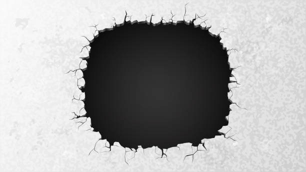 Big dark hole Big dark hole in a wall or in the ground, ruined wall, vector concrete borders stock illustrations