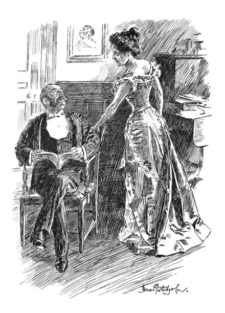 istock British satire comic cartoon caricatures illustrations - Couple talking - woman touching man 1152935675