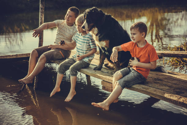 istock Boys throwing wet pine cones into the river 1152936579