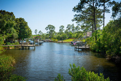 Panoramic View of a Relaxing Pond in Florida on Blur Background. Niceville, Florida