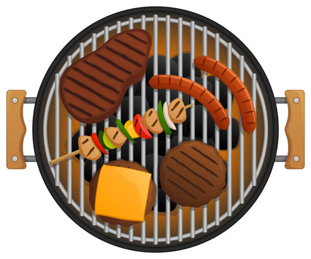 Grilling Food Vector illustration of food (steak, hamburgers, hot dogs and a kabob) being grilled on a round charcoal grill. Food is on its own layer and can be separated from the grill in a program like Illustrator, etc. Illustration uses linear and radial gradients. Includes AI10-compatible .eps format, along with a high-res .jpg. grill burgers stock illustrations