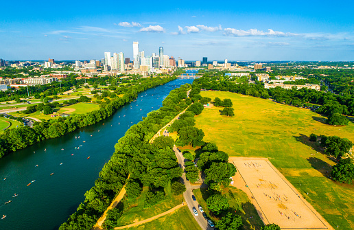 Aerial Drone view above Austin , Texas , USA - Zilker Park and Town Lake Aerial Drone view above Austin Texas Skyline Landscape 2019