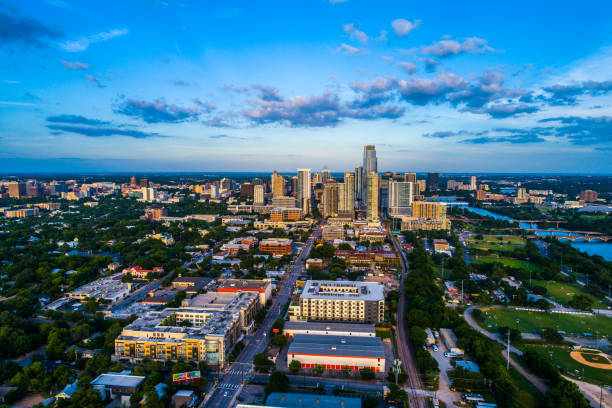 istock Austin Skyline Sunset at Blue Hour from Aerial Drone view 1152946378
