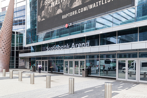 Toronto, Canada - July 02, 2018: Entrance of Scotiabank Arena in Toronto. The Scotiabank Arena, former Air Canada Centre renamed on July 1, 2018, is a multi-purpose indoor sporting arena in Toronto.