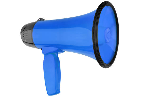 istock Blue megaphone on white background isolated closeup , hand loudspeaker design, loudhailer or speaking trumpet illustration, announce or agitation symbol, media or communication icon, public speak sign 1152954671