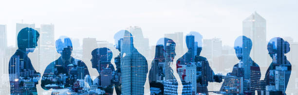 Double exposure of group of businessperson and cityscape. Double exposure of group of businessperson and cityscape. press conference photos stock pictures, royalty-free photos & images