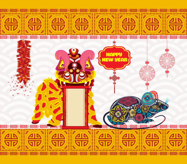 istock Lion dancing head and chinese new year rat 2020 with firecracker 1152958378