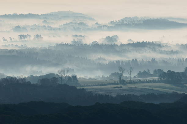 秋の濃霧で覆われた蒜山高原 - mountain pastures ストックフォトと画像