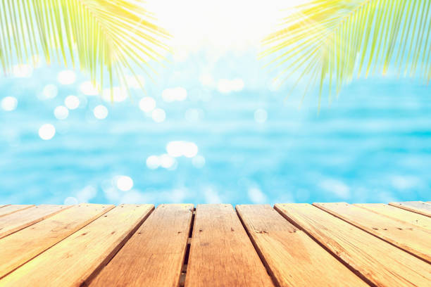istock Selective focus of old wood table with blur beautiful beach background for display your product. 1152965446