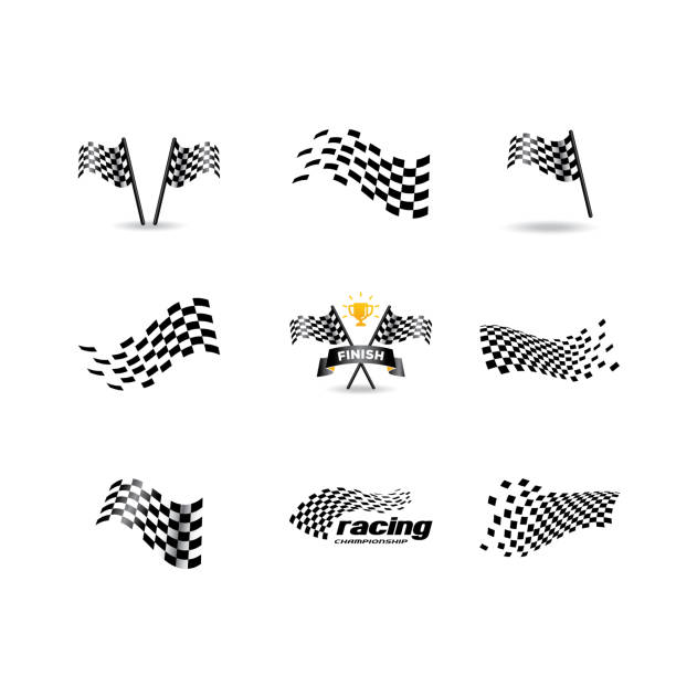 symbole ikon wektorowych flagi wyścigu. prosty szablon logo flagi w kratkę projektu - checkered flag auto racing flag sports race stock illustrations