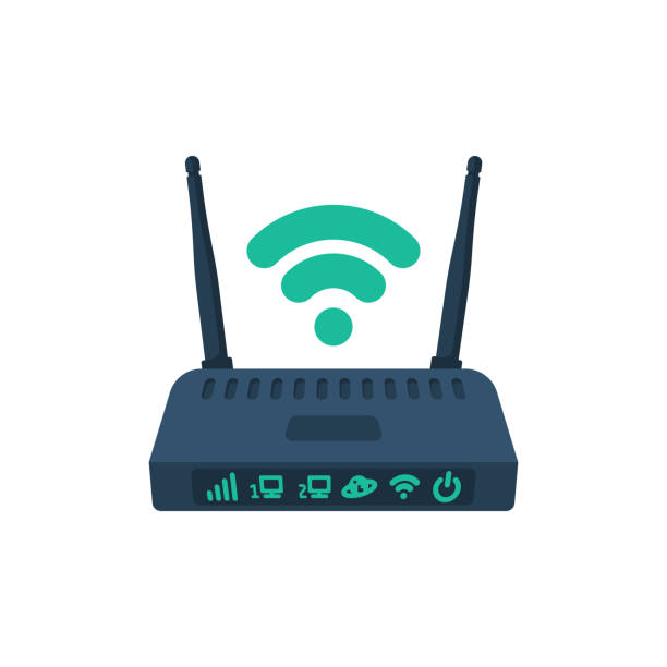 ikona płaska modemu. router bezprzewodowy z anteną w stylu kreskówki. - router wireless technology modem equipment stock illustrations