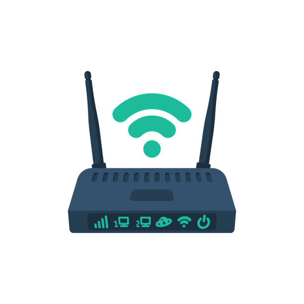 Modem flat icon. Router wireless with the antenna cartoon style. Modem flat icon. Router wireless with the antenna cartoon style. Wifi vector sign. Color illustration isolated on white background. Device for distributing Internet. digital subscriber line stock illustrations