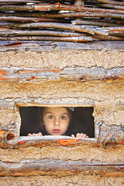 istock Curious child, boy, peering from a small window in wooden shrub 1152977749