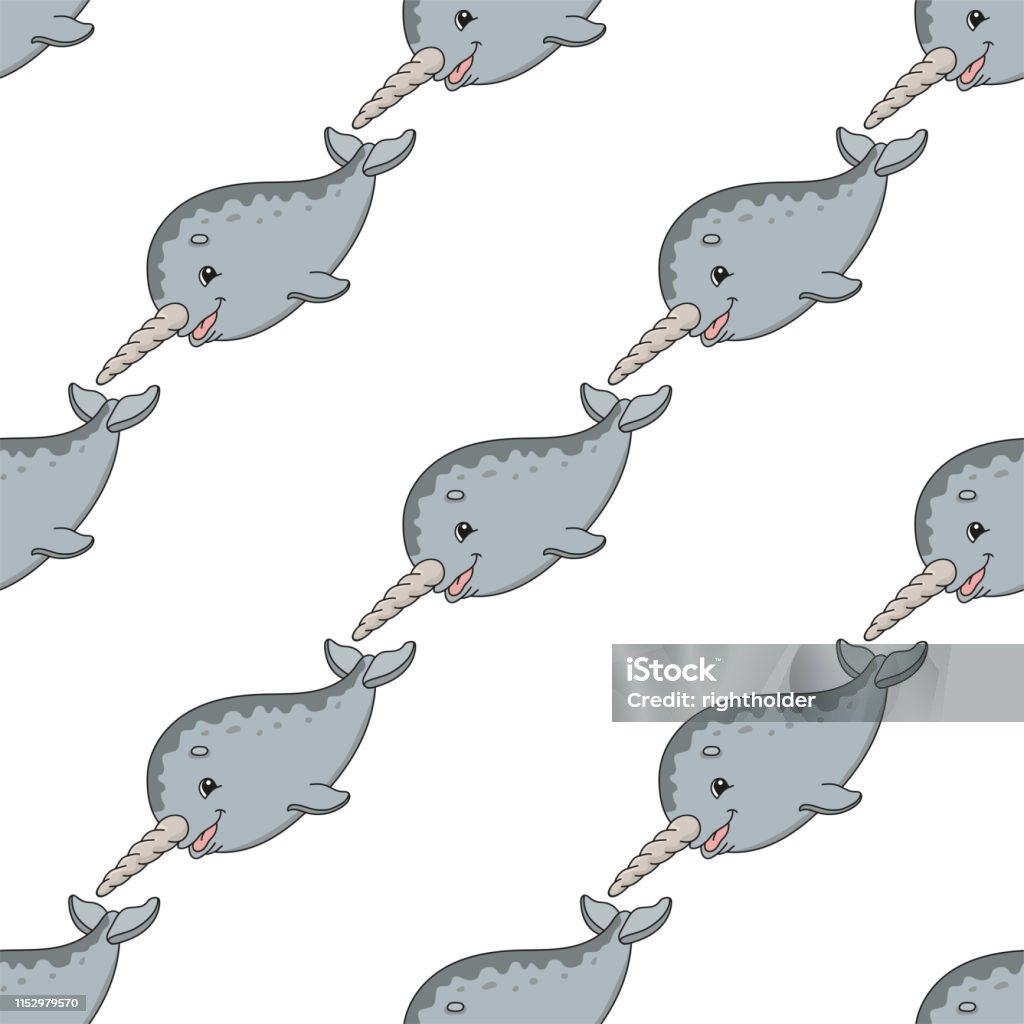 Happy narwhal. Colored seamless pattern with cute cartoon character. Simple flat vector illustration isolated on white background. Design wallpaper, fabric, wrapping paper, covers, websites. Colored seamless pattern with cute cartoon character. Simple flat vector illustration isolated on white background. Design wallpaper, fabric, wrapping paper, covers, websites. Animal stock vector