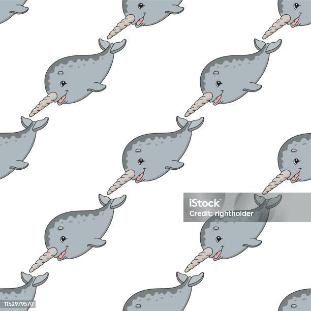 Happy Narwhal Colored Seamless Pattern With Cute Cartoon Character Simple Flat Vector Illustration Isolated On White Background Design Wallpaper Fabric Wrapping Paper Covers Websites Stock Illustration - Download Image Now