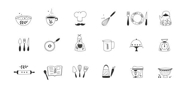 Cooking and kitchen utensils icons. Cooking and kitchen utensils icons. Hand drawn vector illustration. Scandinavian style. cooking drawings stock illustrations
