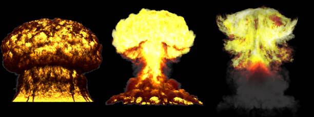 istock 3D illustration of explosion - 3 large very detailed different phases mushroom cloud explosion of hydrogen bomb with smoke and fire isolated on black 1152981183