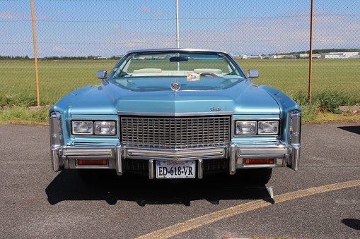 Cadillac Eldorado blue car, vintage convertible car, year 1976 at the exhibition \