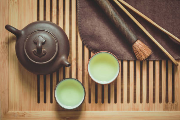 Gongfu ceremony with Oolong tea: teapot, two cups and accessories on a chaban