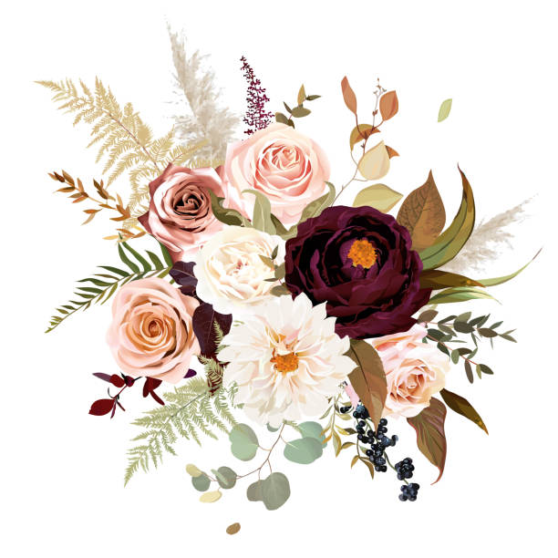Moody boho chic wedding vector bouquet Moody boho chic wedding vector bouquet. Warm fall and winter tones. Orange red, taupe, burgundy, brown, cream, gold, beige, sepia autumn colors. Rose flowers, dahlia, ranunculus, pampas grass, fern. brown illustrations stock illustrations