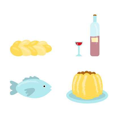 Bread, pound cake, wine, fish vector illustration. Icons are isolated on white background. Can be used for your design. EPS10