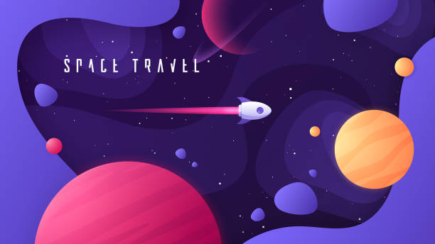Vector illustration on the topic of outer space, interstellar travels, universe and distant galaxies Vector illustration on the topic of outer space, interstellar travels, universe and distant galaxies. rocketship illustrations stock illustrations