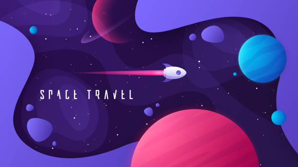 Vector illustration on the topic of outer space, interstellar travels, universe and distant galaxies Vector illustration on the topic of outer space, interstellar travels, universe and distant galaxies. rocket template stock illustrations