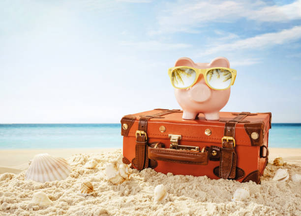 Piggy bank resting on the tropical beach