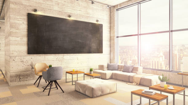 istock Contemporary office interior lobby with blackboard 1153001477