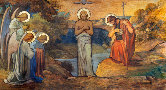 Prague - The fresco of Baptism of Jesus in church kostel Svatého Václava by S. G. Rudl (end of 19. cent.).