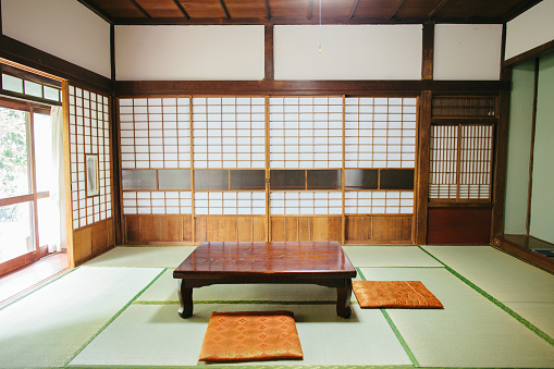 A wide-shot of an traditional empty ryokan room.