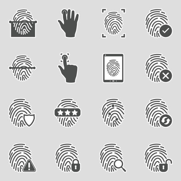 지문 아이콘입니다. 스티커 디자인입니다. 벡터 일러스트입니다. - biometrics touching glass fingerprint stock illustrations