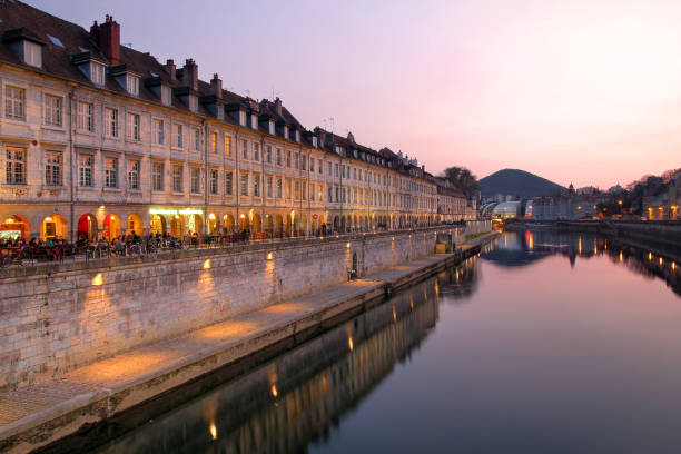France Sunset on Quai Vauban in the city of Besancon (Franche-Comte province in eastern France). doubs photos stock pictures, royalty-free photos & images
